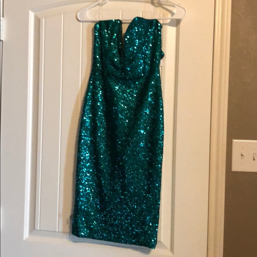 Strapless green sequin dress